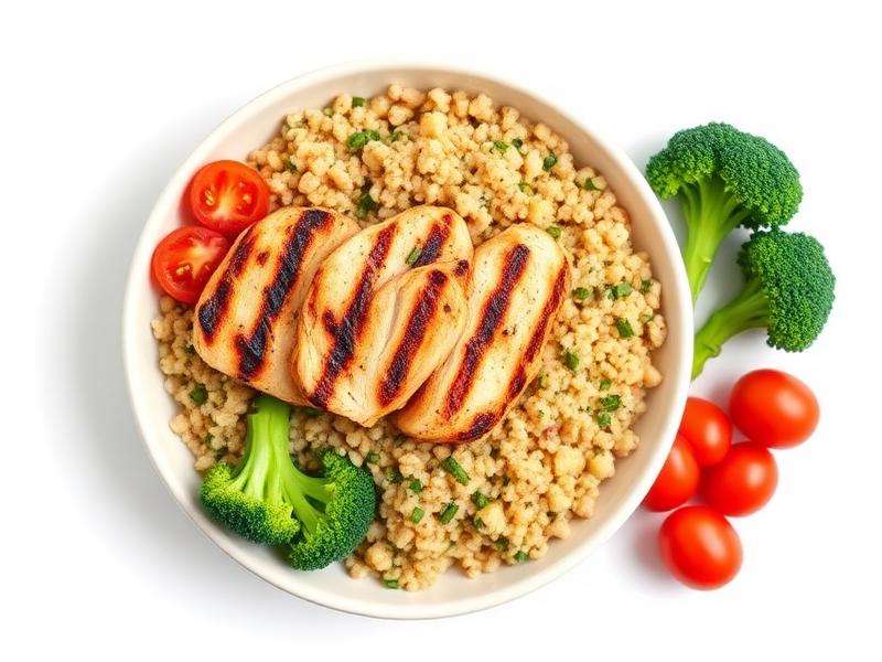 A high-protein grain bowl with grilled chicken and vegetables